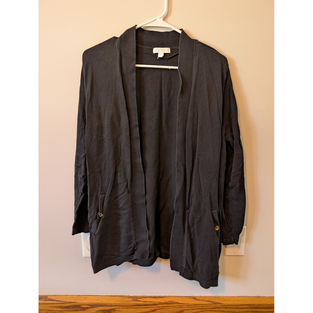 Charter Club Womens Black Open Front Cardigan Gold Button Detail Sweater Size L